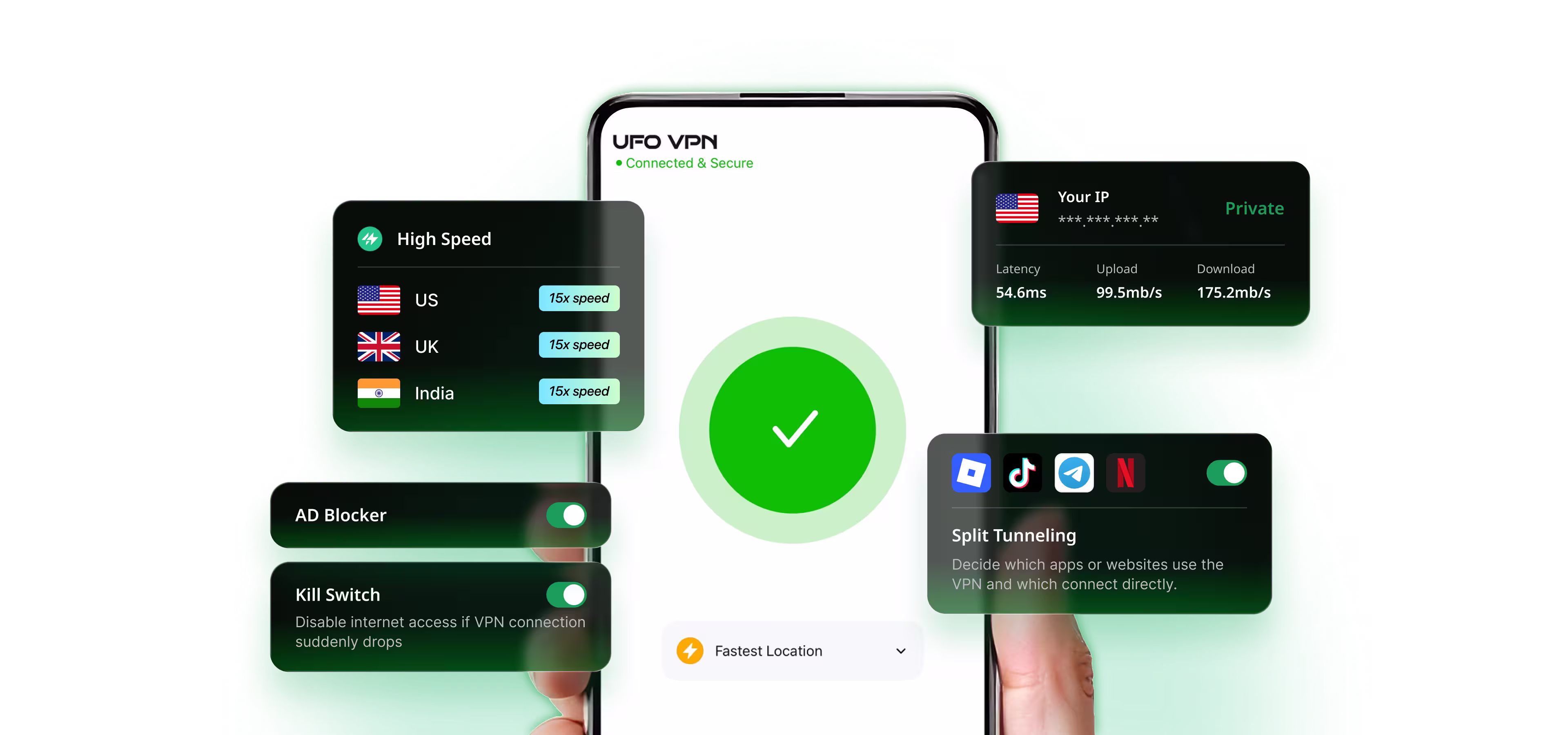 UFO VPN app on a phone with private IP, ad blocker, kill switch, and split tunneling