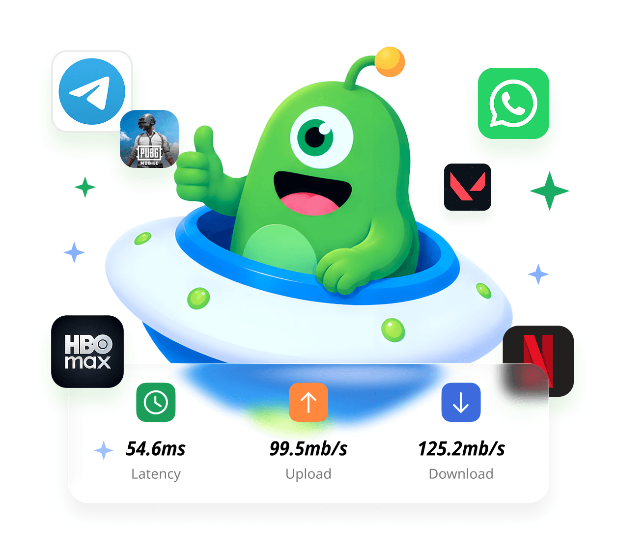 UFO VPN app illustration with streaming, gaming, and speed metrics