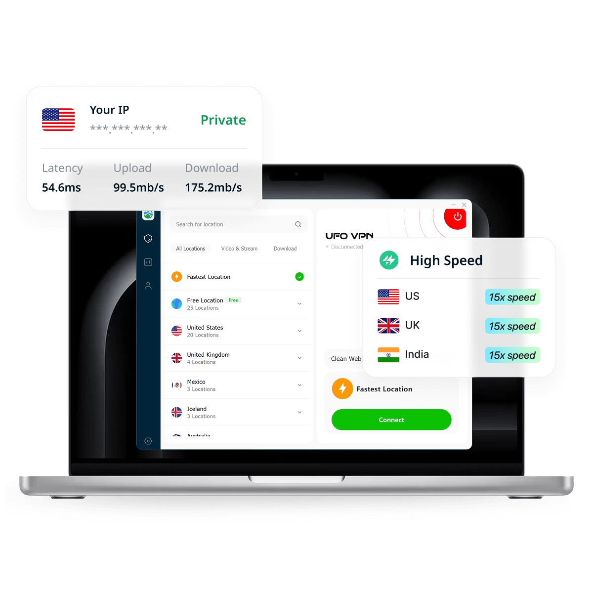 UFO VPN for Mac displayed on a laptop with connection speed and server overlays