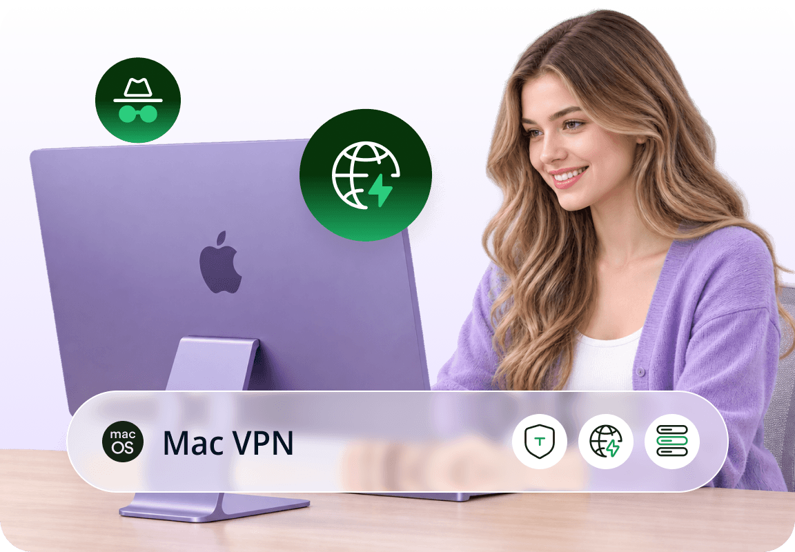 Person using a Mac VPN connection with server and privacy overlays