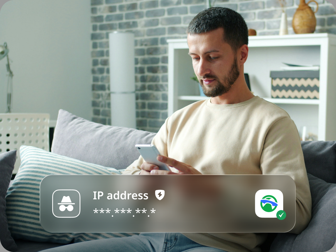 Person using a smartphone with a VPN IP address overlay